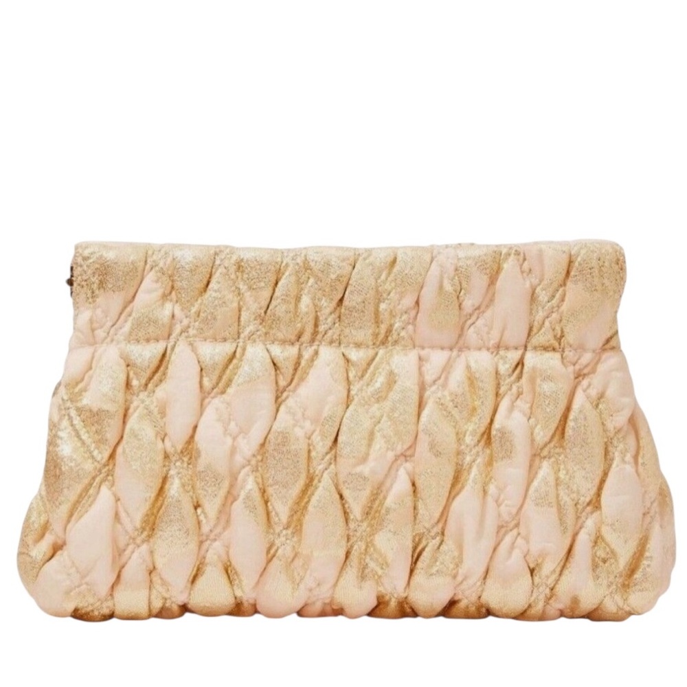 Lilly Pulitzer Gold Organza Quilted Chancey Clutch w/ Turn-Lock Closure & Chain - Picture 2 of 16